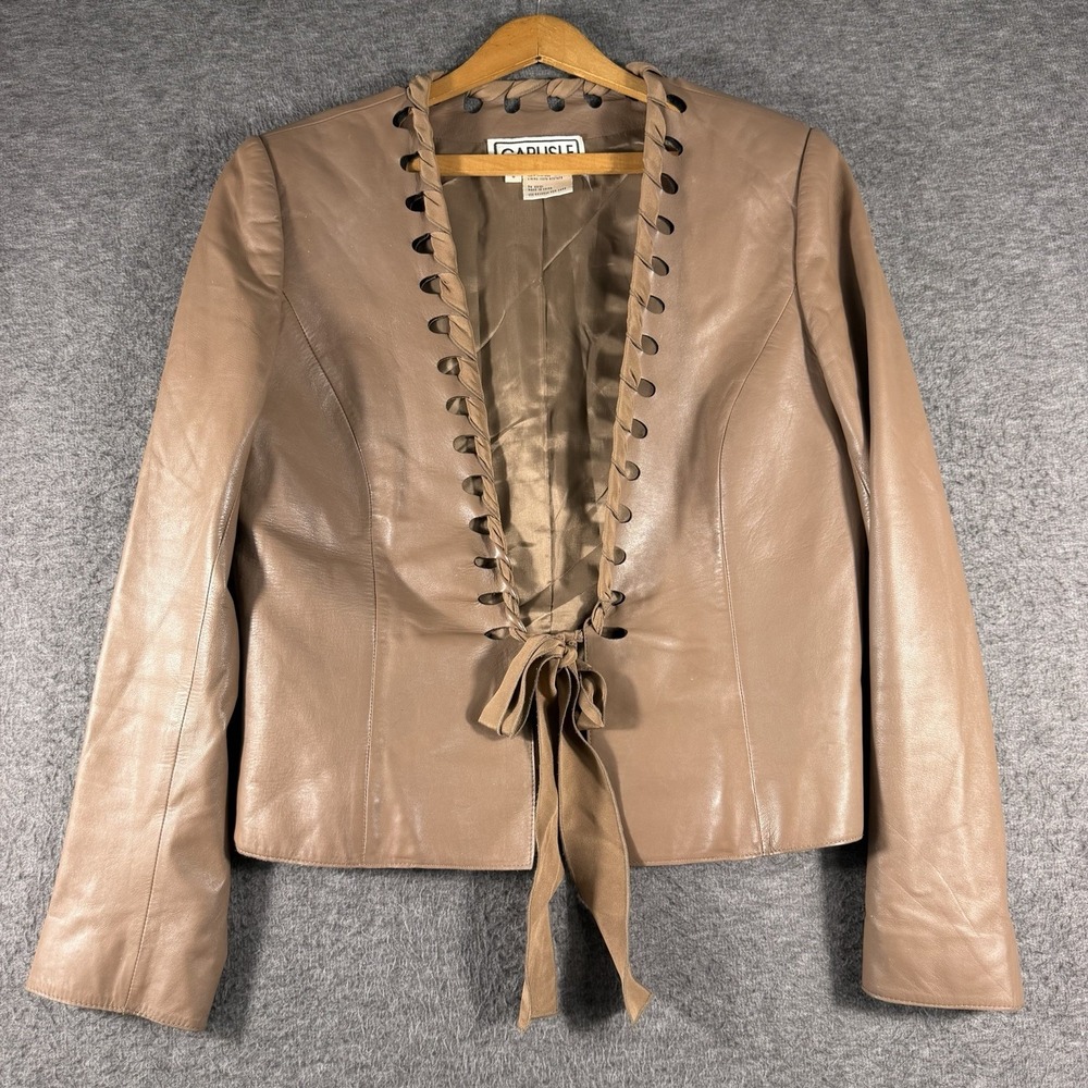 Carlisle Leather Jacket Luxury Soft Collarless Open Front Tie Sash Taupe Size 8